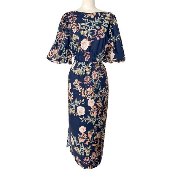 Cara Cara Andrea Floral Puff Sleeve Midi Dress in Navy Blue – Size 6 - Picture 2 of 7